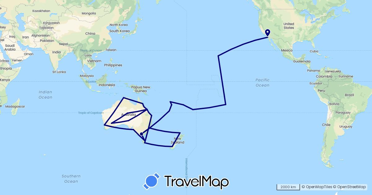 TravelMap itinerary: driving in Australia, Fiji, France, Mexico, New Zealand, Tonga, United States, Vanuatu (Europe, North America, Oceania)